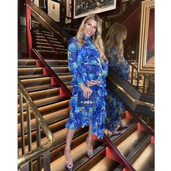 MISA Los Angeles Rania Chiffon Smock Neck Asymmetrical Midi Dress Blue Floral M - Picture 1 of 12